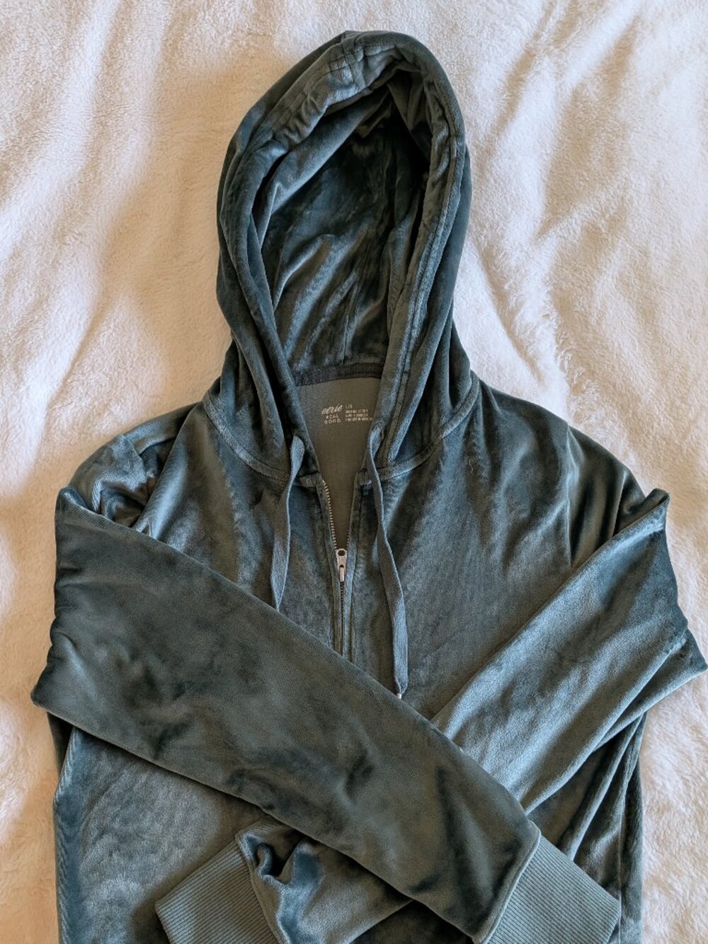 Aerie Real Good Dark Green Velour Cropped Zip Hoodie Size L Y2K 90s Velvet Like